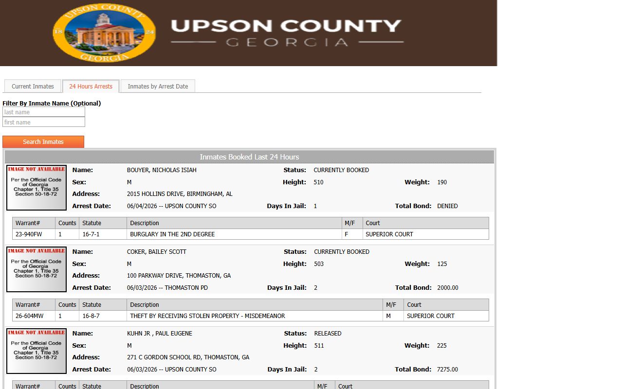 Upson County jail mugshots 24 hour arrests roster
