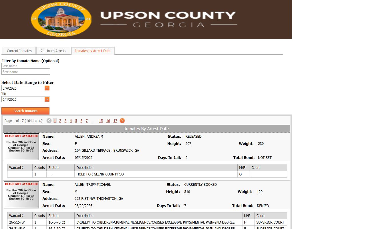 Upson County inmates by arrest date screen with date range picker