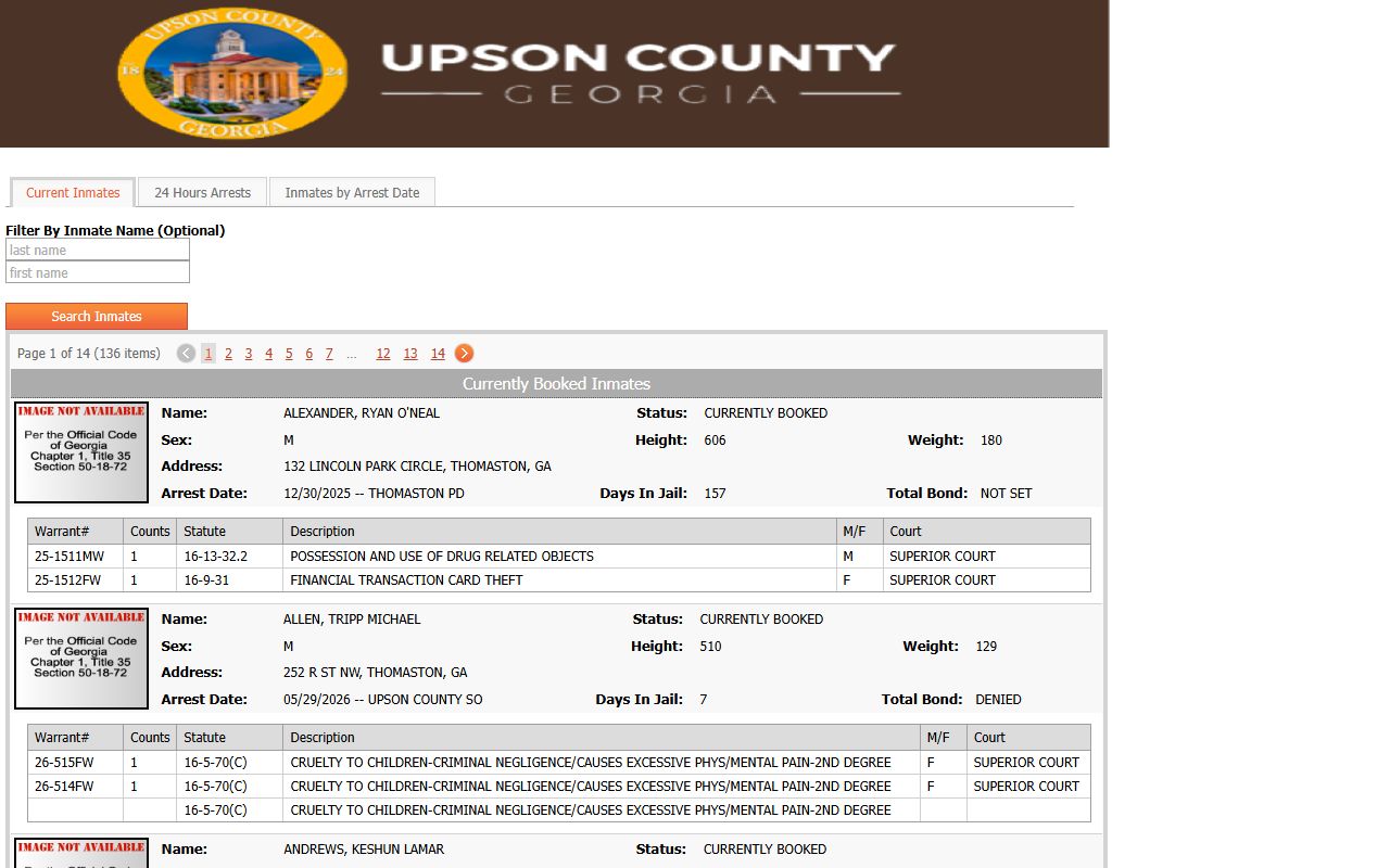 Upson County inmate population current inmates roster